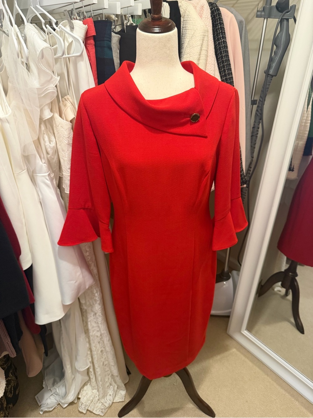 TAHARI Arthur S. Levine Shift Dress with Asymmetrical Cowl Neck & Bell Sleeves